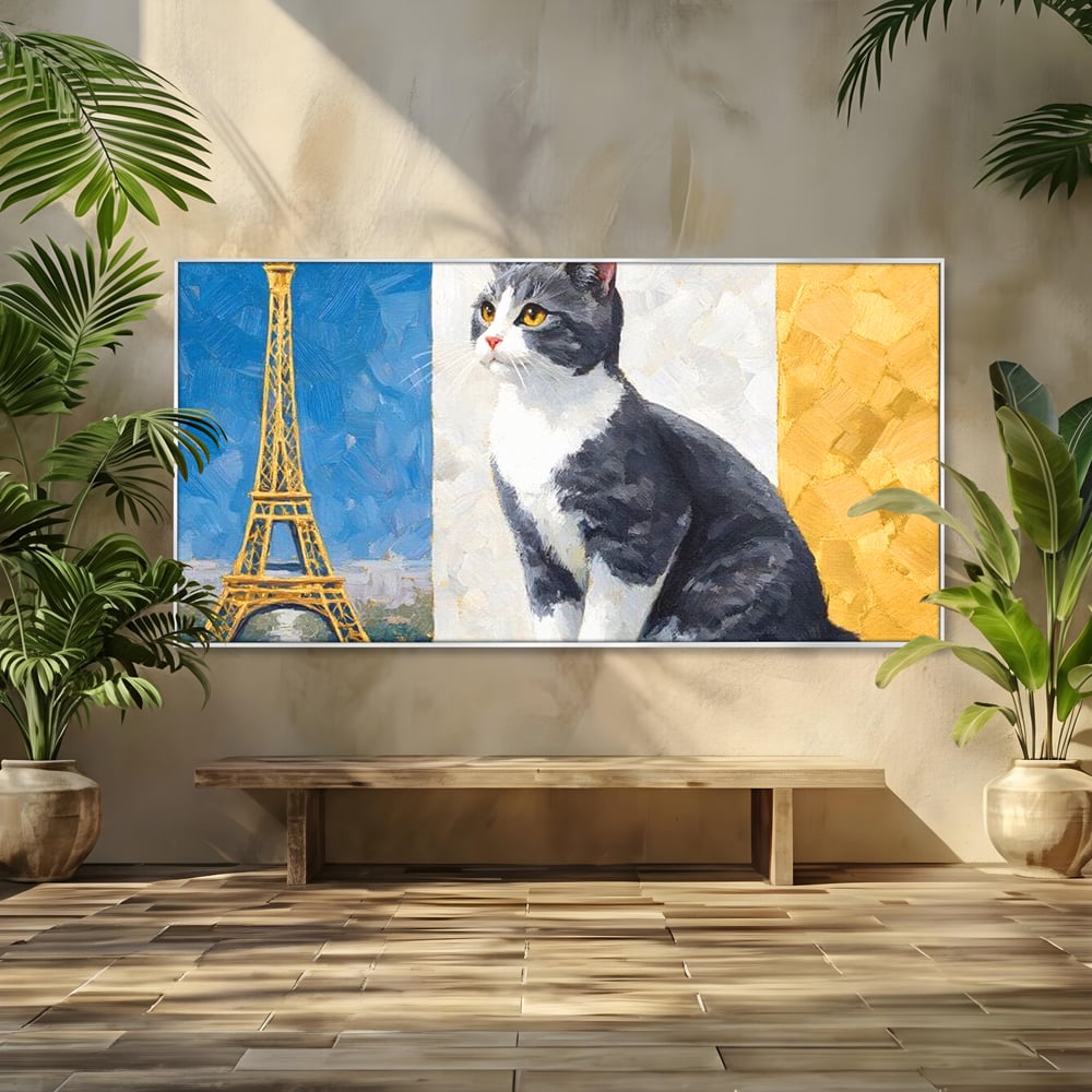 Tablou canvas cu tablou canvas cu pisica si turnul eiffel, in rama de aluminiu argintiu